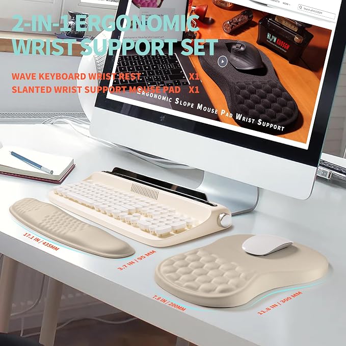 2-in-1 Ergonomic Set, Wave Rise Keyboard Wrist Rest and Massage Bulge Slope Mouse Pad Wrist Support, Cushion Memory Foam Integrated to Relieve Wrist Pain, Apricot - Image 5