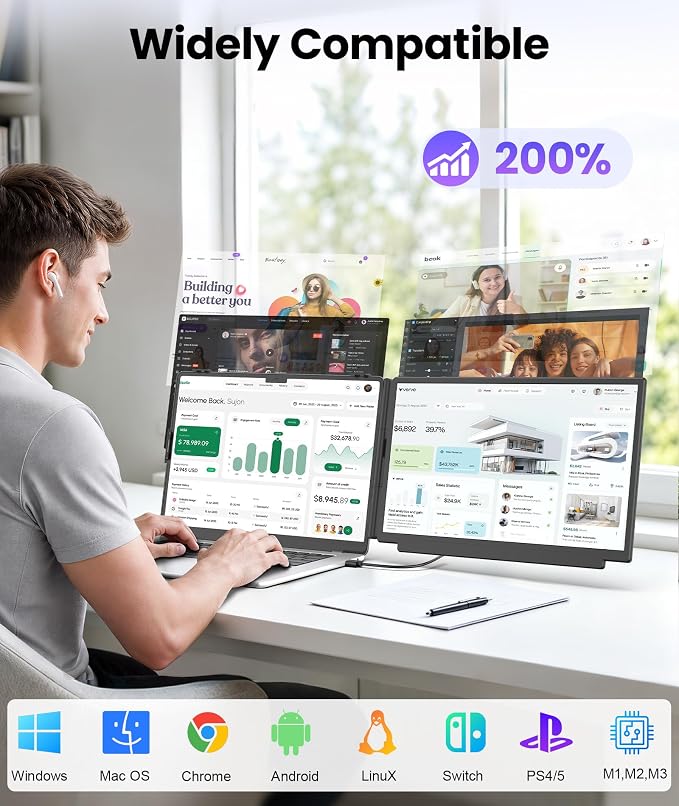 Laptop Screen Extender, 15.6" 1080P FHD Detachable & Portable Dual Monitor | Fit for 14-17.3" Laptops, Plug & Play, Travel Monitor Extender, Built in Speakers, Compatible with Wins/Mac/Chrome/Android - Image 3