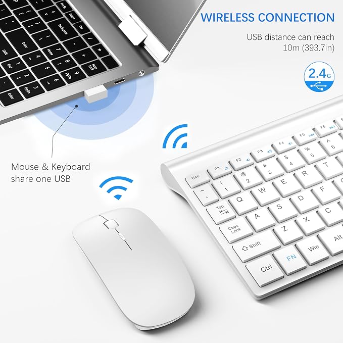 Wireless Keyboard and Mouse Ultra Slim Combo, TopMate - Matte White | 2.4G Silent Compact 2400DPI Mouse and Scissor Switch Keyboard Set with Cover, Batteries Included, for PC/Laptop/Windows/Mac - Image 3