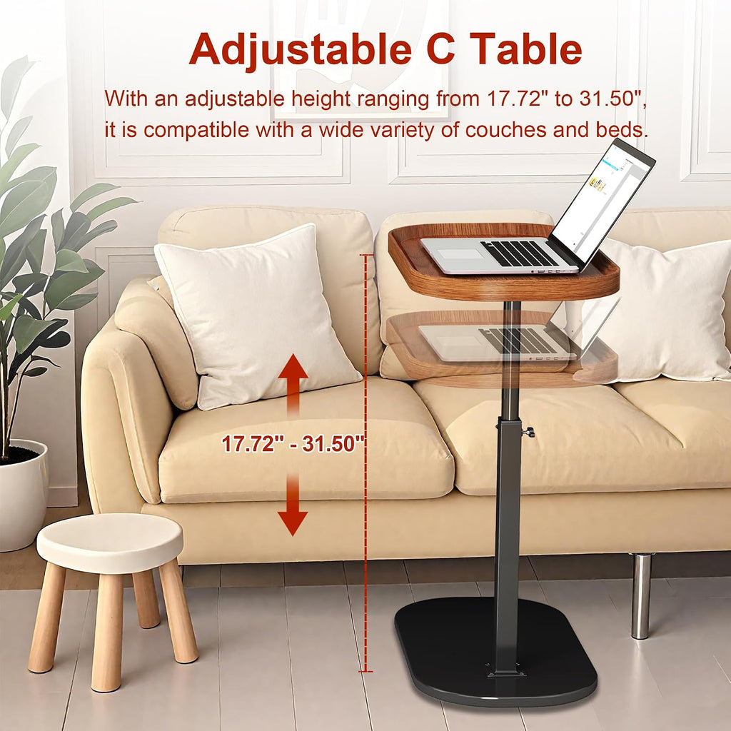 C Shaped Side Table Adjustable Height, 360° Swivel Couch End Table That Slide Under, Small C Shaped End Table for Sofa/Bed/Bathtub, Coffee TV Dinner Tray for Living Room, Bedroom, Bedside (Walnut) - Image 2