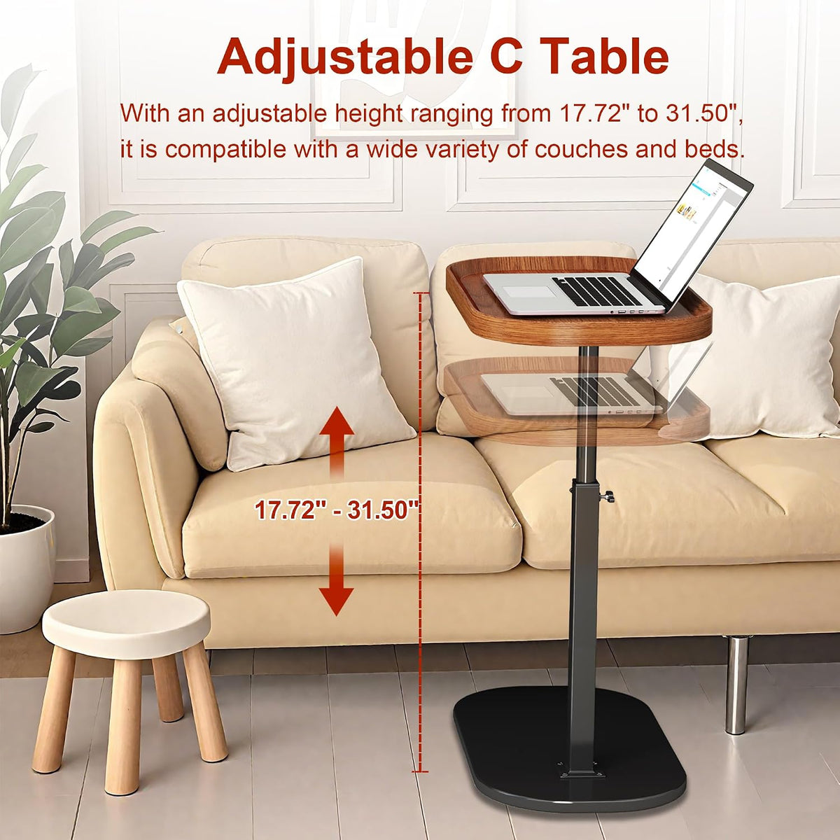 C Shaped Side Table Adjustable Height, 360° Swivel Couch End Table That Slide Under, Small C Shaped End Table for Sofa/Bed/Bathtub, Coffee TV Dinner Tray for Living Room, Bedroom, Bedside (Walnut) - Image 2