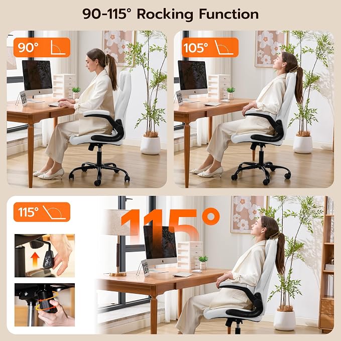Ylzyxal Office Desk Chair, Ergonomic Computer Chair with Padded Flip-Up Arms and Adjustable Lumbar Support, PU Leather Executive Chair with Tilt Lock and 360° Swivel Rolling Wheels for Work, Study - Image 4