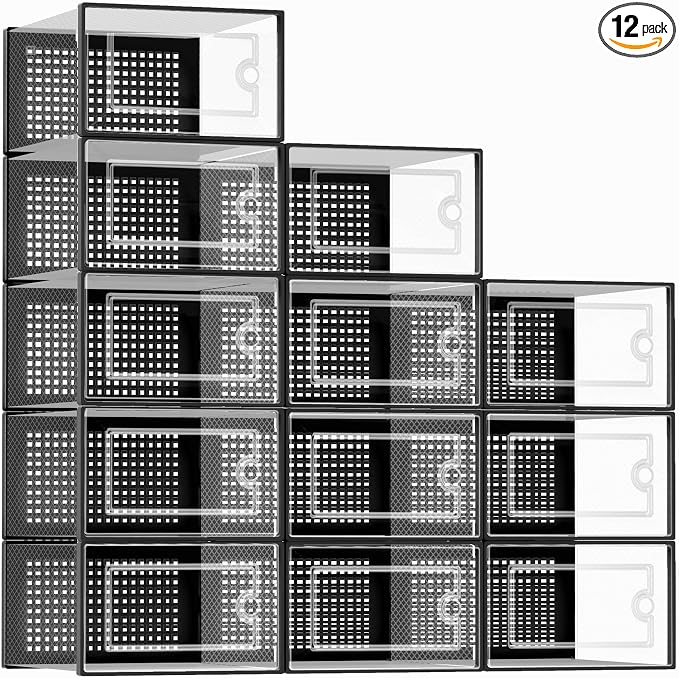 Kuject X-Large Shoe Storage Boxes 12 Pack, Clear Stackable Shoe Organizer | Shoe Case for Closet, Entryway & Under-Bed Storage, Drop-Front Design, Space-Saving Solution for Family Organization,Black by Kuject