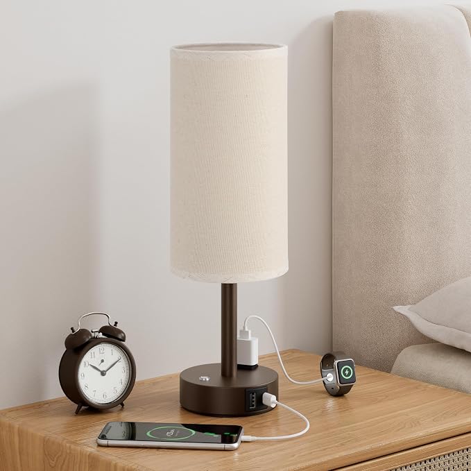 Brown Touch Bedside Lamp for Bedroom, Stepless Dimmable, USB A+C, AC Outlet | Base Touch Button Only, Memory Brightness, Ultra-dim Night Light, Included Bulb for Optimal Dimming, Beige Fabric Shade, Desk by Aooshine