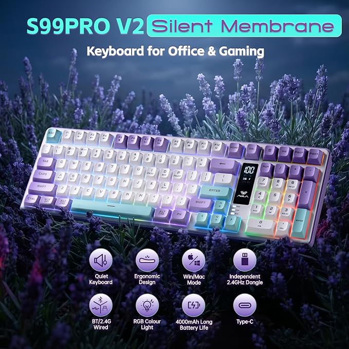 Aula S99pro V2 Full Size Gaming Keyboard,Wireless Creamy Membrane Keyboard | Tri-Mode Bluetooth/2.4GHz/USB-C,16.8mil RGB Backlit,Media Digital Screen,4000mAh Computer Wireless Keyboard with Number Pad - Image 2