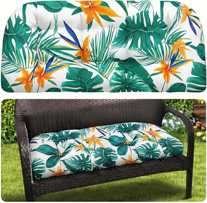 MAGIC ELEPHANT Outdoor Bench Cushion, Memory Foam Loveseat Cushion for Patio Furniture Wicker Chair, Settee Porch Swing Seat Cushion, 44 x 19 Inches (Tropical Monstera) by Magicelephant
