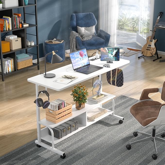 47" Rolling Standing Desk with Charging Station for Couch Bed | Height Adjust 27.5-41", 2 AC/3 USB, Mobile 4 Lockable Wheels, 2-tier Shelves Hook, Safe Corner Fast Assembly - Image 2