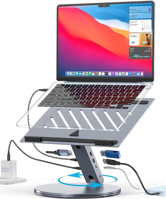 YICOSUN Laptop Stand for Desk, 360° Rotating & Height Adjustable Ergonomic Computer Riser with Aluminum Cooling Vents for 10-16 inch MacBook, Dell, Lenovo (Grey, USB-C Docking Station) by DeliveringDesktopFashion