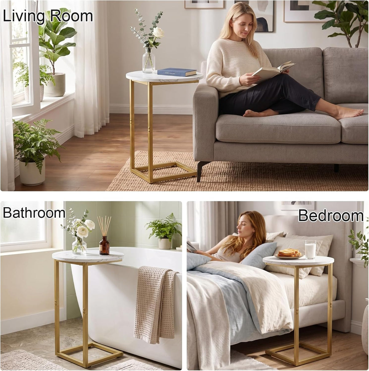 C Shaped End Table, Oval Couch Side Tables for Living Room, Sofa End Table with Metal Frame, Small Wooden Snack Table for Bedroom, Small Spaces, Easy Assembly 2Pcs(Whlite+Gold) - Image 6