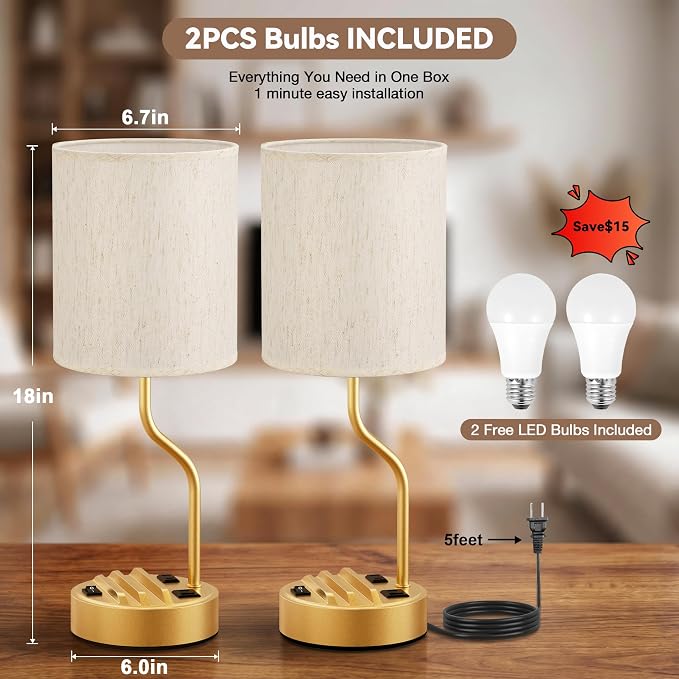 Bedside Lamps for Bedroom Set - 18" Gold Table Lamp for Nightstand | Phone Stand, USB A+C Ports, AC Outlet, 3 Color Temperatures, LED Bulb Included, Desk Lamp for Living Room/Dorm,2-Pack - Image 6