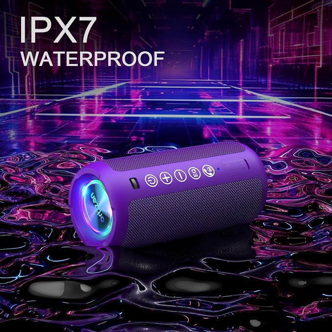 Ortizan Portable Bluetooth Speaker: IPX7 Waterproof, 24W Loud Sound, Purple | Deep Bass, Bluetooth 5.3, LED Lights, Wireless Stereo Pairing, 30H Playtime, for Home/Outdoor/Party/Beach, Birthday Gift - Image 4
