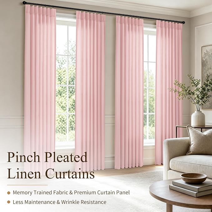 Hokibero Pink Pinch Pleated Linen Curtains 90 Inch Long for Living Room | Light Filtering Semi Sheer Curtain,Back Tab Hooks Rings,Modern Farmhouse Textured Privacy Drapes for Bedroom Window,2 Panels - Image 2