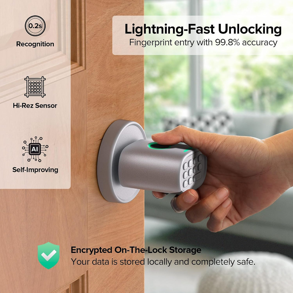MD1 Fingerprint Door Knob Lock with Keypad, Silver - Image 3
