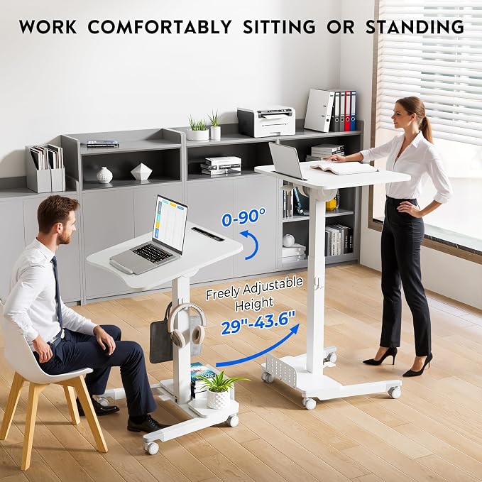 BONTEC Mobile Standing Desk, Adjustable Height, 23.6 x 20.5 Inch, White | Rolling Laptop Cart with Storage Shelf and Hooks, Portable Workstation with Pneumatic Lift, Ergonomic Compact Home Office Use - Image 3