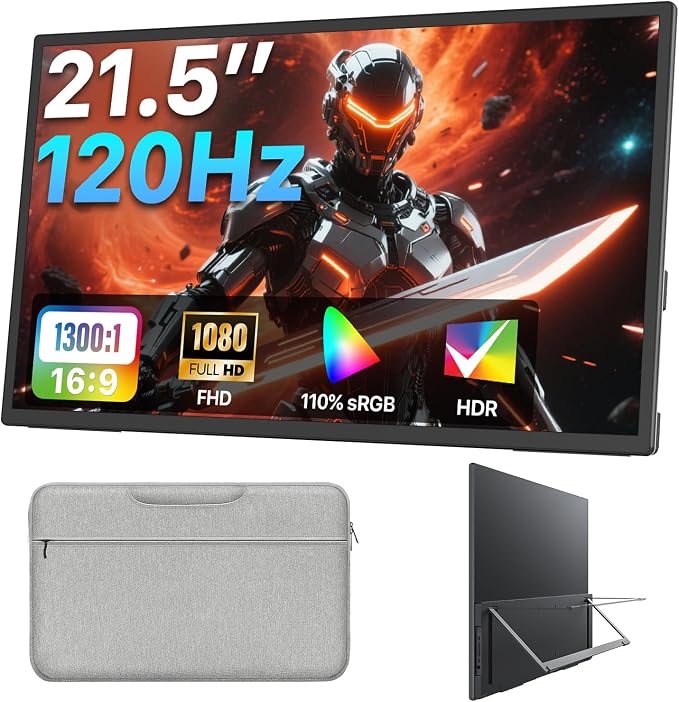 Upperizon Portable Monitor 21.5 inch FHD 110% sRGB 120Hz IPS HDR HDMI USB-C Travel Monitor for Laptop MacBook PC Surface PS5 Xbox, Large External Display with Kickstand & Speakers, VESA Compatible by Upperizon