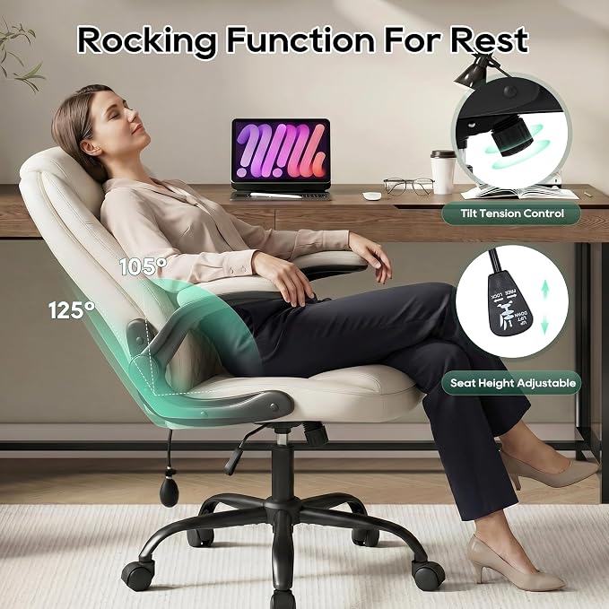 MALOL Leather Office Chair with Adjustable Lumbar Support Set of 2, Beige | Computer Desk Chair with Thick Cushion, Flip-Up Arms and Ergonomic Back, Comfy Executive Office Chair for Home Office Gaming - Image 10