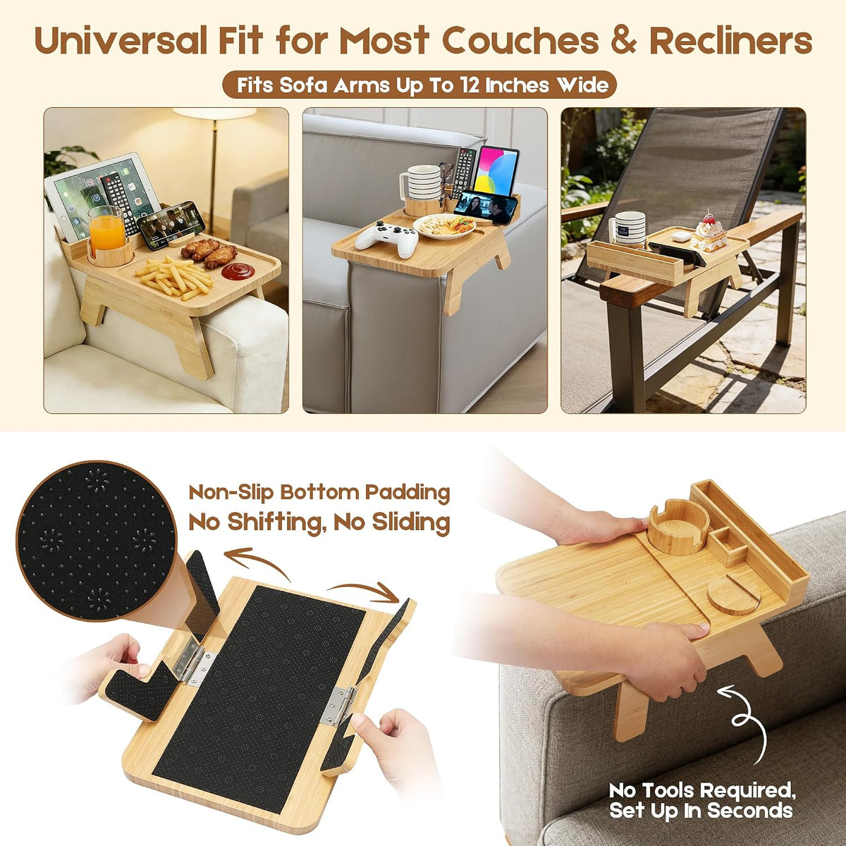 Couch Arm Tray with Cup Holder, Non-Slip(Natural Bamboo ) - Image 4
