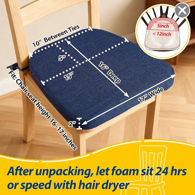 AAAAAcessories D-Shaped Chair Cushions, 2" Thick Dining Chair Pads with Ties and Removable, Machine-Washable Cover, 17" x 16", Set of 6, Blue - Image 2