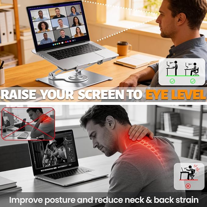 360° Rotating Laptop Stand for Desk, 10-15.6“ Laptop Riser, Silver | Sturdy Aluminum Foldable Stand, Heat-Dissipation Design, Ergonomic Holder Fits MacBook/Dell/HP/Lenovo for Home/Office. - Image 5