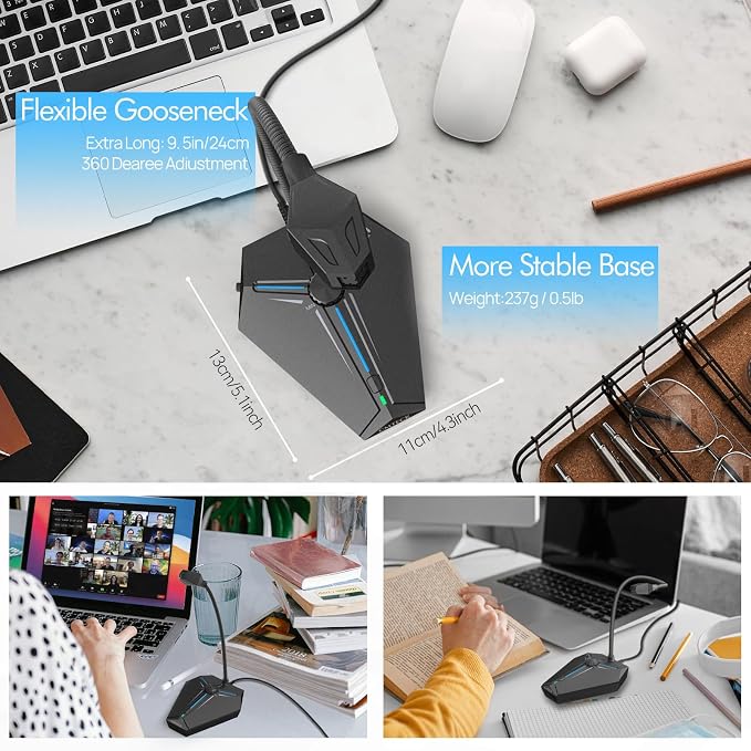 CMTECK USB Computer Microphone, Plug & Play, RGB Light for PC, Laptop | One-touch mute with LED indicator, noise-cancelling, 360° adjustable extra-long gooseneck desktop Mic. Works with Windows/Mac - Image 2