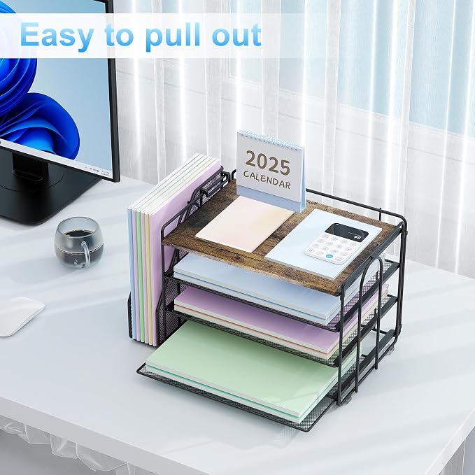 Spacrea 4 Tier Paper Organizer for Desk with File Organizer | Desk Organizers and Accessories Desk Accessories & Workspace Organizers for Office Supplies (Wood) - Image 4