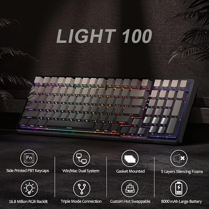 MageGee LIGHT100 Wireless Creamy Keyboard, Gasket Structure Hot Swappable, 2.4G/USB-C/BT5.0 RGB Backlit Mechanical Gaming Keyboard for Win/Mac/PC, 8000mAh Battery, Side Printed PBT Keycap, Black - Image 3