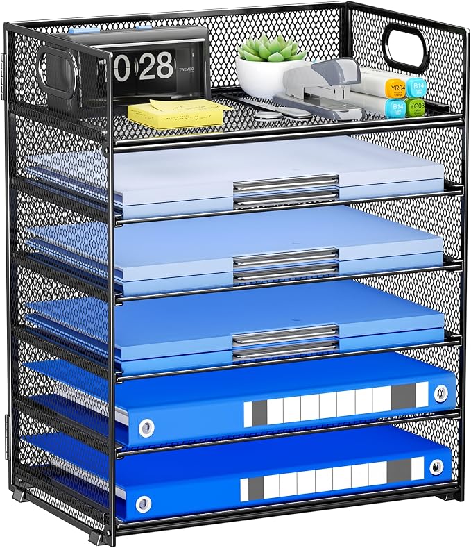 6-Tier Paper Organizer for Desk with Handle | Heavy Duty Metal File Organizer, Stackable Desktop Organizer for Office Supplies, Documents and Stationery Storage by Kinkota