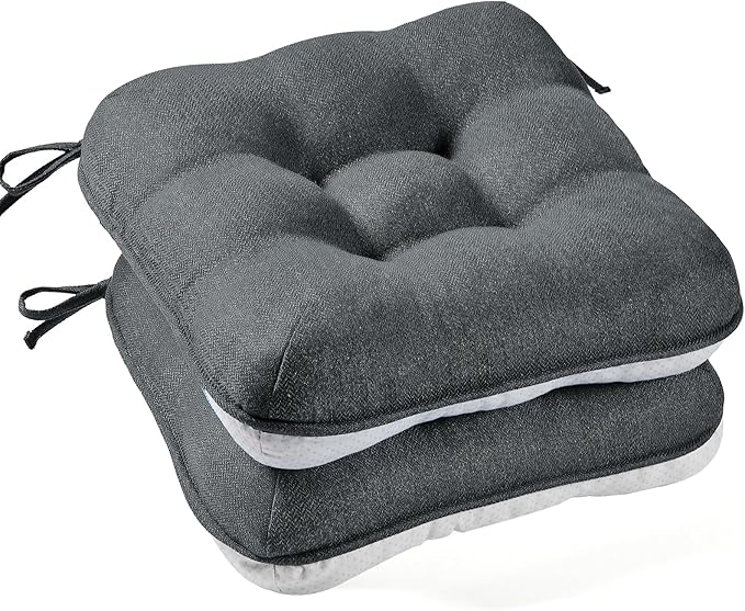 BETU Chair Cushions for Dining Chairs Set of 2,3.5" Thick Kitchen Table Chair Pads with Ties,Non Slip Backing and Covers, Seat Cushion for Dining Room,Bar,Patio Chairs,15.5"X15.5"X3.5",Dark Grey by BETU