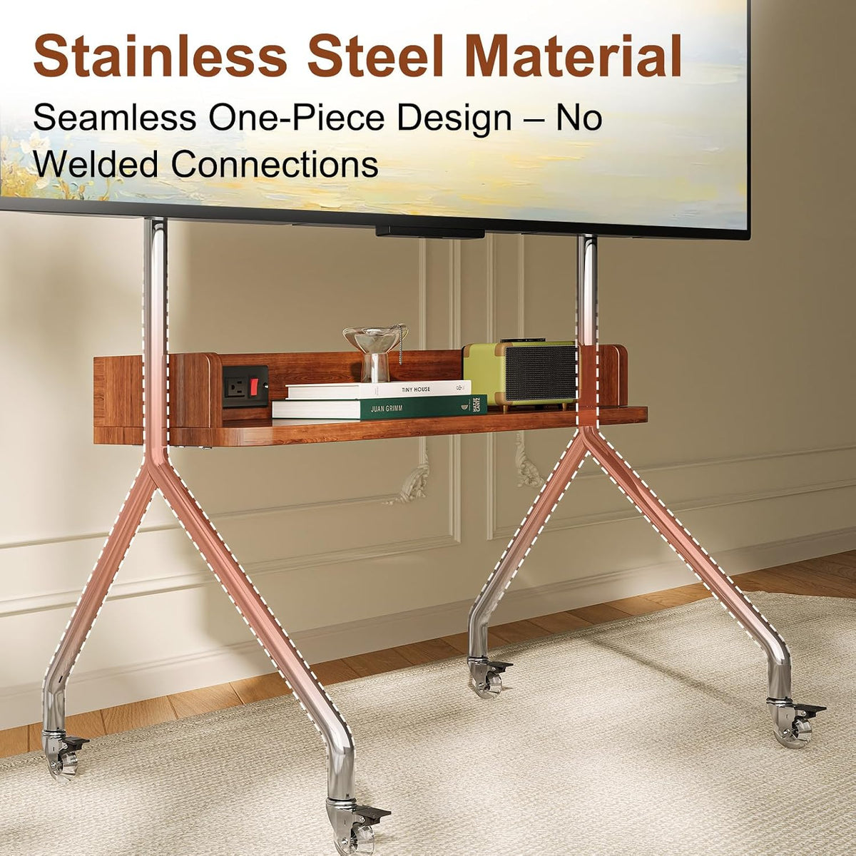 Rolling TV Stand with Power Outlet & Wooden Shelf, Stainless Steel Mobile TV Carts for 32-75 Inch TVs up to 110 lbs,Height Adjustable Portable TV Stand with wheels and Pegboard Storage for Home Office - Image 3