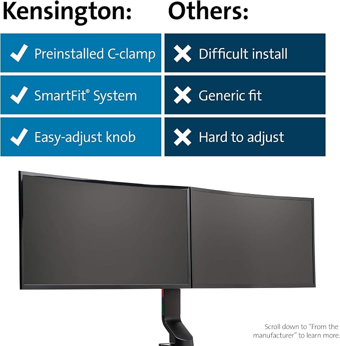 Kensington Dual Monitor Mount for Desk, C-clamp Vesa Monitor Stand Fits 2 Ultrawide Monitors Up to 27 Inches, Low Profile Stand, Height Adjustable Rotating Free Standing Arm, Black - Image 8