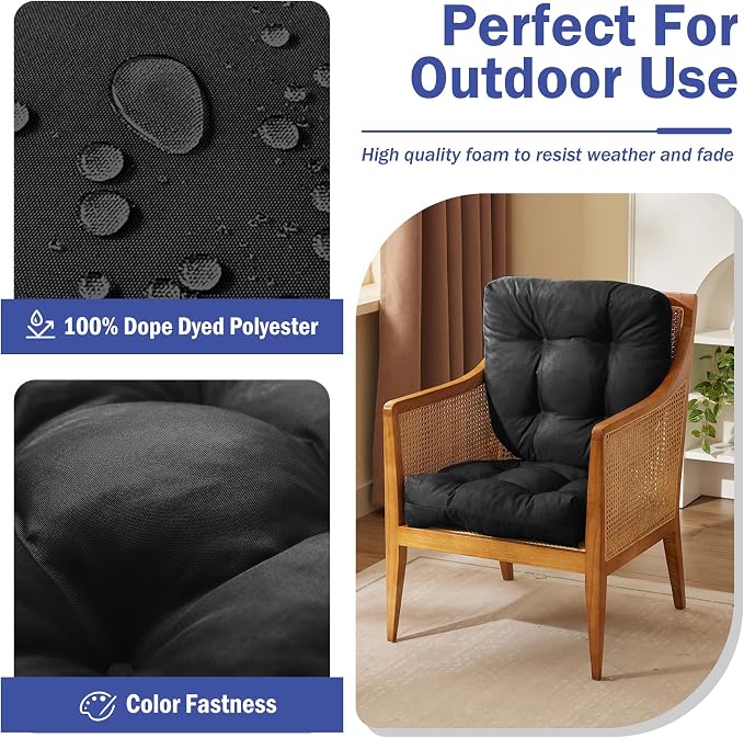 IPYNBAP Outdoor Chair Cushions Set of 2, Patio Chair Cushions with Ties,19x19+5” Tufted Outdoor Seat Cushions, Waterproof Patio Furniture Cushions, Outdoor Dining Chair Pads, Black - Image 3