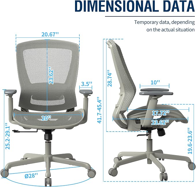 Mesh Office Chair,Ergonomic Computer Desk Chair,Sturdy Task Chair- Adjustable Lumbar Support & Armrests,Tilt Function,Comfort Wide Seat,Swivel Home Office Chair (Grey Frame Grey Mesh) - Image 3