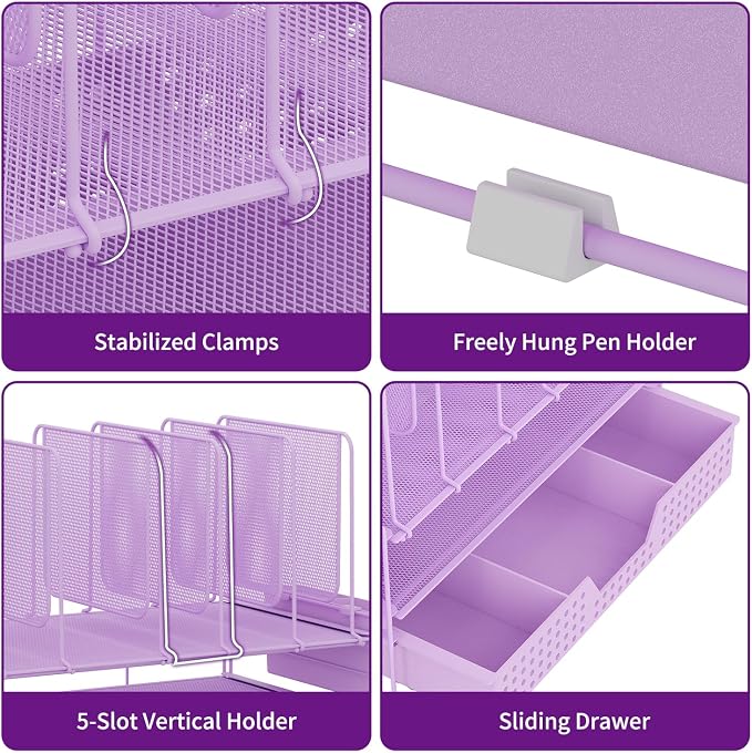 LEKETREE Desk Organizer, Office Organization with Vertical File Holder, File Organizer with Drawer and Pen Holder, Desk Accessories and Workspace Organizers for Home Office (Purple) - Image 5