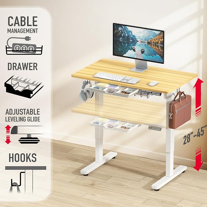 SHW 40-Inch Electric Height Adjustable Standing Desk w/Drawer, Oak | w/ Memory Presets and Cable Management | Drawer with adjustable compartments | Hanging Hooks - Image 3