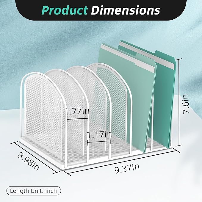 File Organizer 5-Section Mesh Desk Organizer, Upright File Organizer Desktop Organizer File Sorter, File Folder Holder for Office Supplies, White | 5 Vertical Compartments with Sturdy Metal Base for Office Documents Books Magazines and Laptop - Image 4
