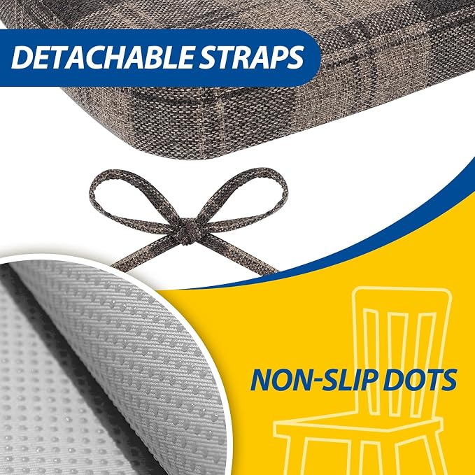 AAAAAcessories D-Shaped Chair Cushions, 2" Thick Dining Chair Pads with Ties and Removable, Machine-Washable Cover, 17" x 16", Set of 8, Brown Checkered - Image 5