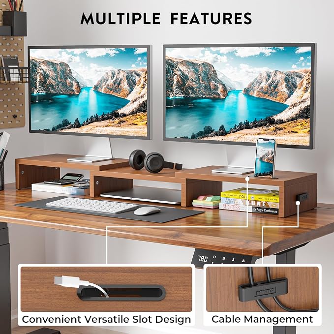 BONTEC Dual Monitor Stand Riser, Adjustable Length & Swivel Angle, Walnut | Ergonomic Wooden Desktop Organizer with Smartphone Holder, Computer Monitor Stand for PC, Laptop, Printer and Large Storage - Image 2