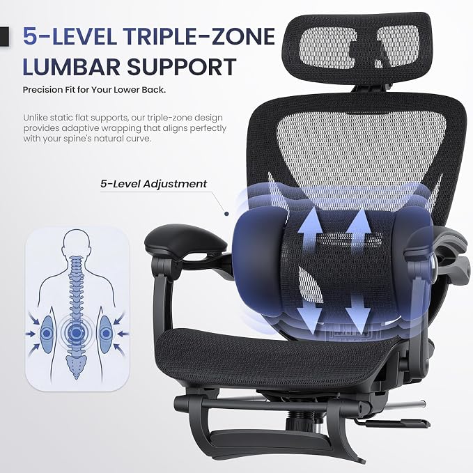 MALOL Ergonomic Mesh Office Chair with Footrest, Executive High Back Computer Desk Chair with 3D Adjustable Headrest & 5-Level Lumbar Support, Tilt Lock, 3D Arms, 300LBS, Z-Black - Image 4