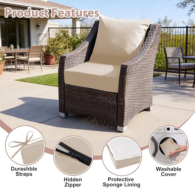 Outdoor Deep Seat Cushion Set, 24x24 Inch Water-Resistant & Fade-Resistant Outdoor Chair Cushions, Patio Furniture Cushions with Removable Cover for Patio Chair, Sofa, Beige (Set of 2) - Image 5