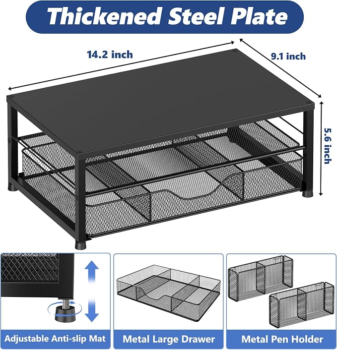 Desk Organizer and Accessories, 2-Tier Computer Monitor Stand Riser with Drawer and 2 Pen Holders, Laptop Stand, Office Desk Accessories for Office Supplies, 2 Pack, Black - Image 7