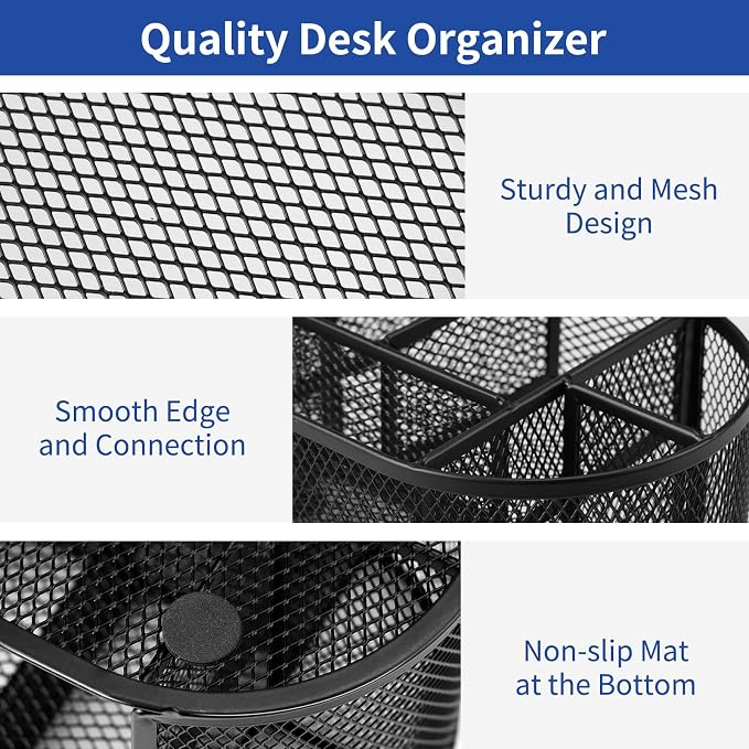 EOOUT Desk Organizer Black Mesh Pencil Holder 8 Compartments 1 Drawer | Black Desk Accessories, 8 Compartments, Pull-Out Drawer, for Pens Pencils Scissors Notes, School and Office Supplies - Image 4