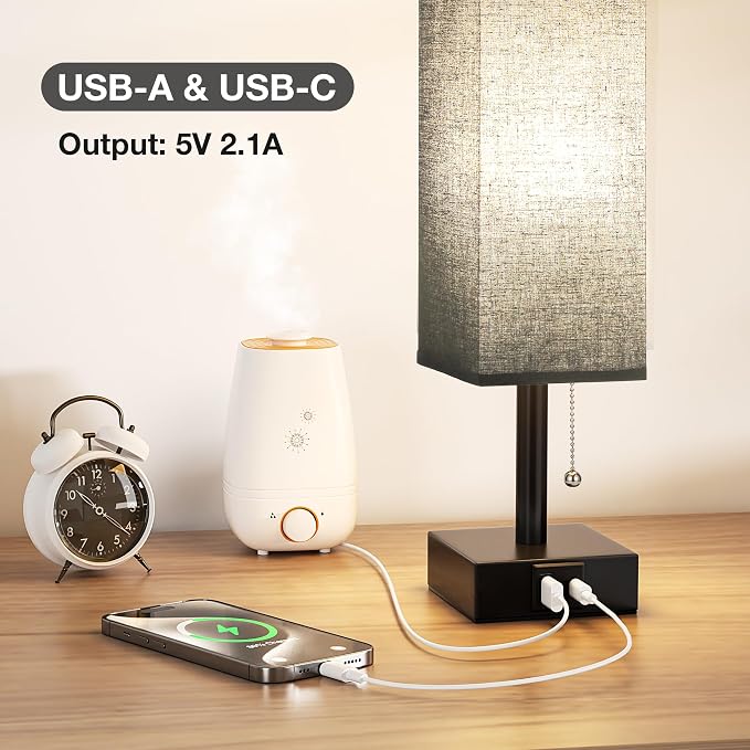Black Bedside Table Lamp for Bedroom - Desk Lamp For Nightstand, USB C+A | Pull Chain Lamp, 3 Color Modes(3000K/4000K/5000K), E26 LED Bulb Included, Square Black Fabric Lampshade, for Read, Work, Dorm - Image 3