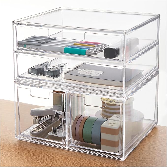 STORi Stackable Desk Organizer Drawers, Clear Pen Pencil Makeup Brush Holder for Desktops and Vanities, 4 Multi-size Drawers (Made in USA) by STORi