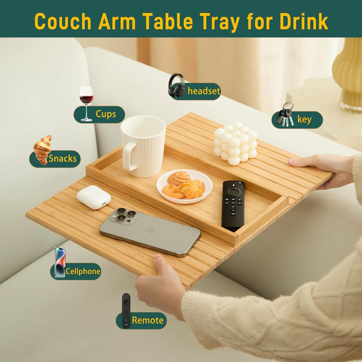 Bamboo Couch Arm Tray Table，Foldable Sofa Armrest Tray Table for Couch，Flexible and Anti-Slip Couch Arm Cup Holder，Portable Sofa Arm Chair Table for Drink,Cups, Eats，Snacks, Phone, Remote - Image 5