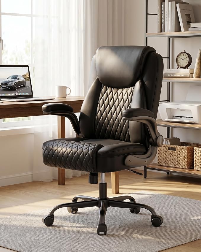 COMHOMA Mid-Back Office Chair, Ergonomic PU Desk Chair with Flip up Arms, Small Computer Gaming with Comfy Lumbar Support,Rocking Function,Sturdy Metal Base, Ink Black - Image 3