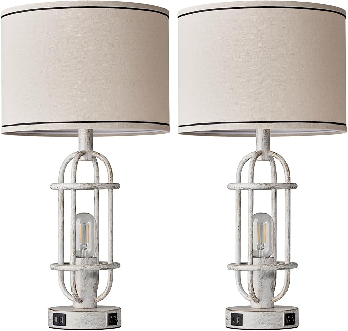 Reaketon 22.3" Farmhouse Table Lamps Set of 2, Vintage Lamps for Living Room End Tables, Bedroom Lamp for NightStand with USB C+A Ports, Antique White - Image 7