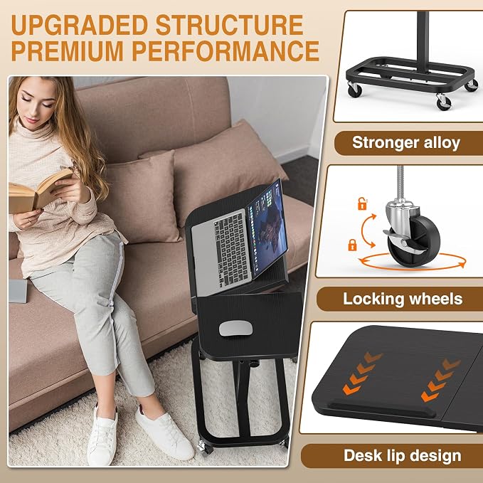 Portable Rolling Over Bed Laptop Desk, Adjustable Height and Tilt for Home | Alentar Large-Size Mobile Laptop Stand for Bed, Sofa TV Tray with Wheels, Sturdy Welded Metal Frame, Black, 25” x 12.99” - Image 4