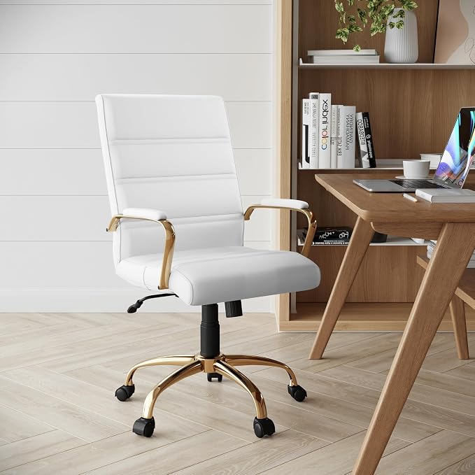 Flash Furniture Mid-Back White LeatherSoft Executive Swivel Office Chair with Gold Frame and Arms - Image 2