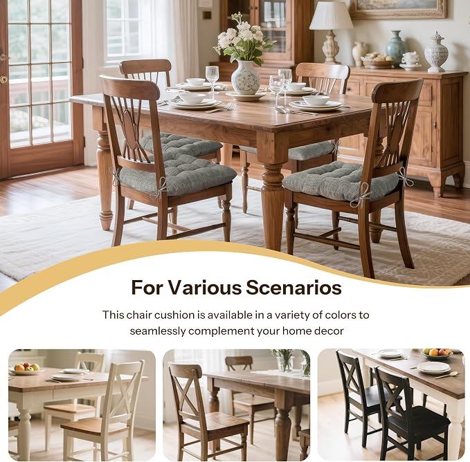 Chair Cushions for Dining Chairs Set of 2, 18"x18"x3", Light Grey | Non-Slip with Ties, Tufted, Faux Linen, Seat Cushions for Dining Room Kitchen Breakfast Nook Indoor Home Office Living Room - Image 5