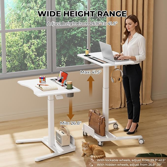 28" Mobile Standing Desk with Storage, Rolling Laptop Desk | Height Adjustable Portable Desk with Wheels & Cup Holder, Stand up Desk for Study, Ideal for Home Office, Classroom, White - Image 3
